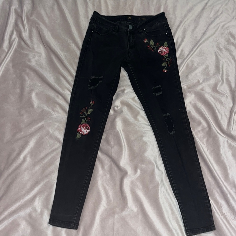 Black Ripped Jeans with flower decals